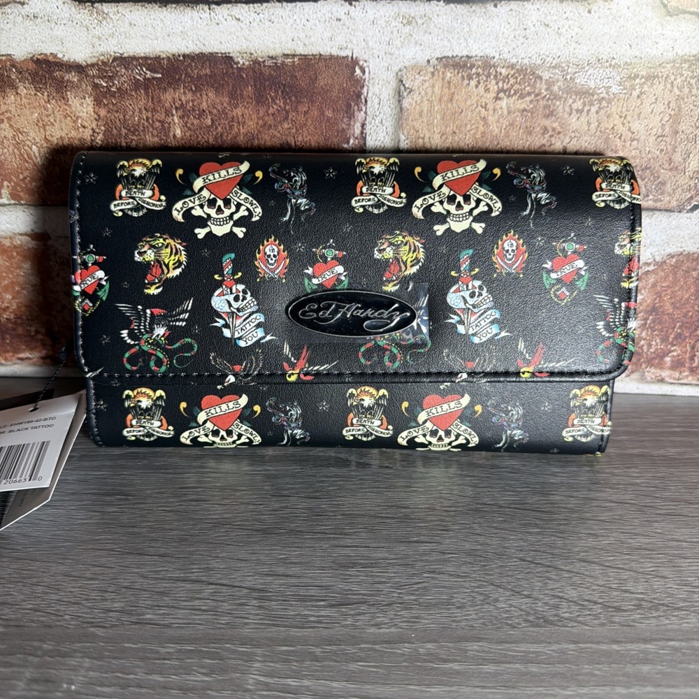 NWT Ed Hardy Wallet Card Holder Bifold Snap Closure Black Graphic Tattoo Design